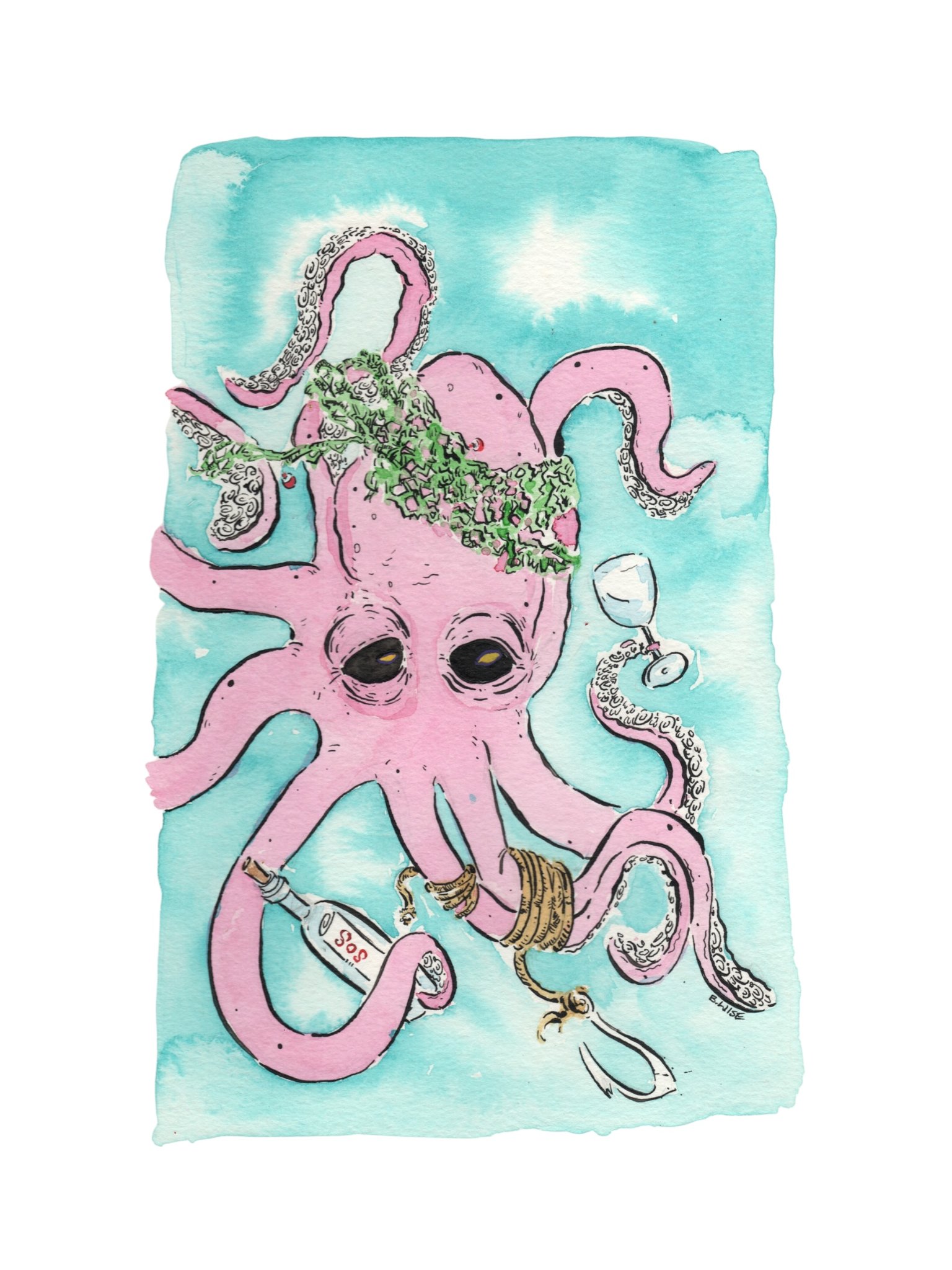 Pink octopus with wine bottle